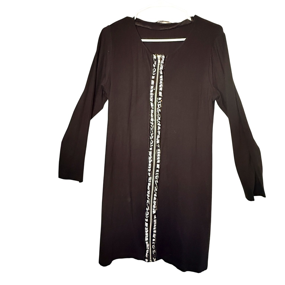 Nikki & Sebastian Tunic Womens XL Black Sequin Zip Front Long Sleeve Party